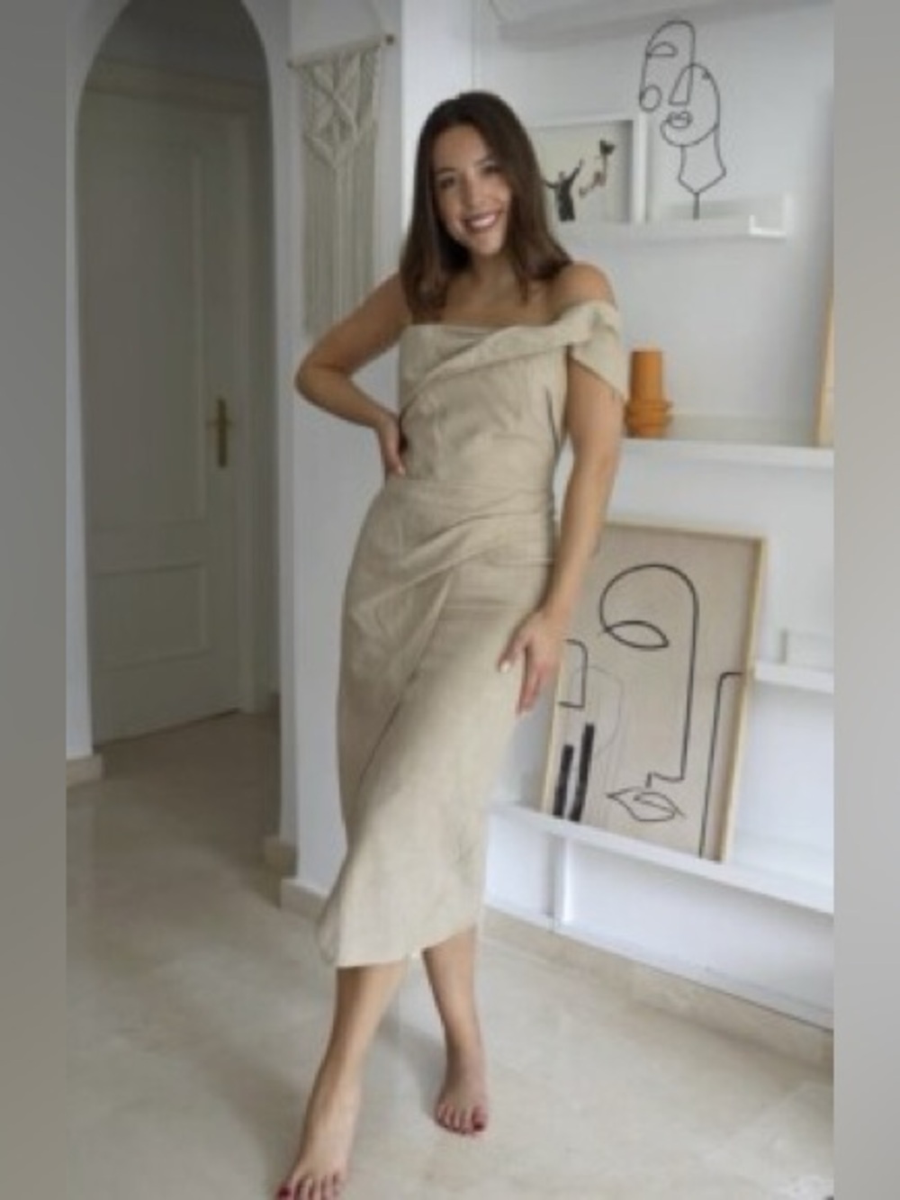 NWT ZARA Asymmetrical Taupe Pencil Midi Dress Size Small